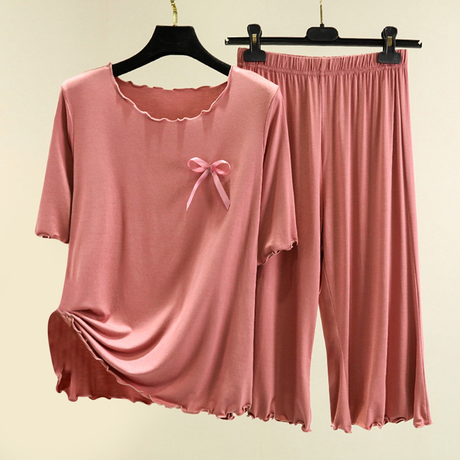 BONIXOOM Matching Christmas Pajamas For Couples Womens Christmas Pajamas Sleepwear None Short Sleeve Solid Sleepwear Sets Pink M