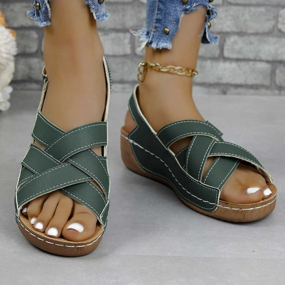 BONIXOOM Platform Sandals Women Clearance Fall Velcro Platform Casual Fashion Womens Shoes Green Size 9