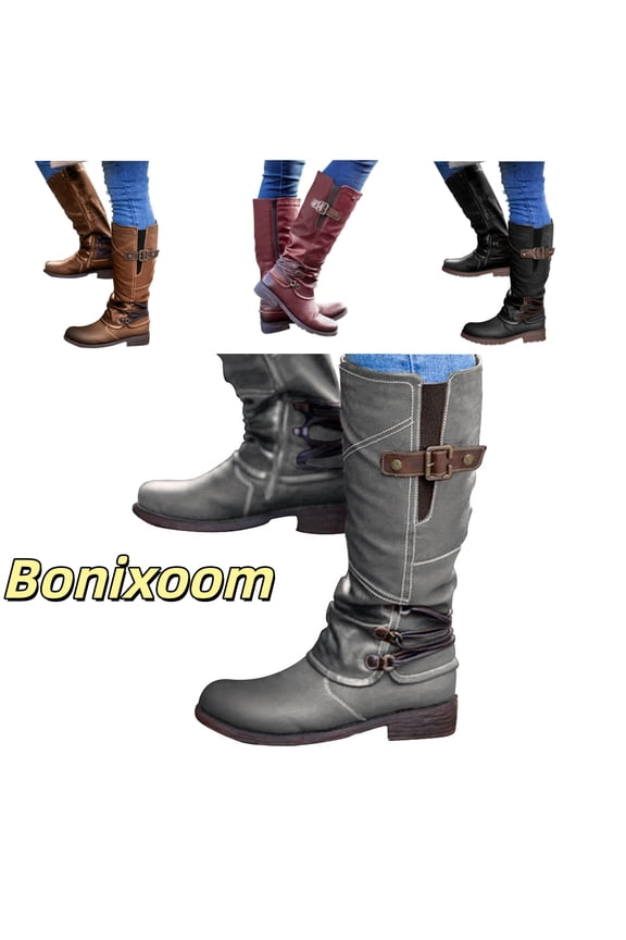 Fashion Boots for Women Mid Heel Rubber Slip-on Mid-Calf Winter Gray