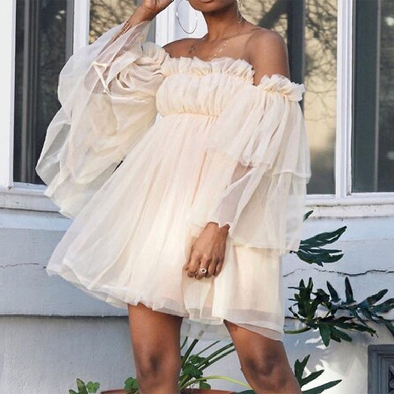 BONIXOOM Sexy Dresses for Women Date Night Beach Party Off-the-Shoulder Tab  Long Sleeve Pullover Jacket Solid Beige Dresses - Walmart.com