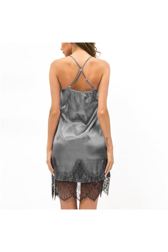 Sexy Dresses for Women Date Night Multi-theme Party Crew Neck Tab Short Sleeve Lace Underwear Solid Gray Dresses