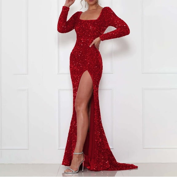 BONIXOOM Sexy Dresses for Women Date Night Multi-theme Party Square Neckline Tab Long Sleeve Pullover Jacket Solid Red Dresses