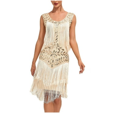 BONIXOOM Sexy Dresses for Women Date Night Retro Party Crew Neck Tab Sleeveless Sequin Dress Solid Beige Dresses
