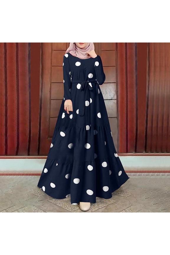 Sexy Dresses for Women Date Night Retro Party Round Neckline Tab Long Sleeve Pullover Dress Polka Dot Blue Dresses