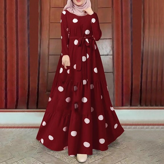 BONIXOOM Sexy Dresses for Women Date Night Retro Party Round Neckline Tab Long Sleeve Pullover Dress Polka Dot Wine Dresses