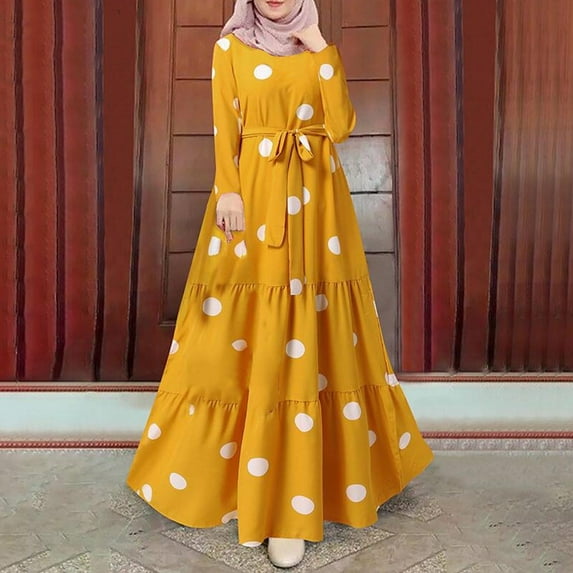 BONIXOOM Sexy Dresses for Women Date Night Retro Party Round Neckline Tab Long Sleeve Pullover Dress Polka Dot Yellow Dresses