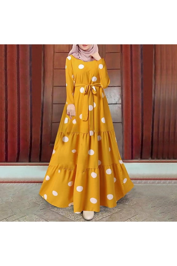 Sexy Dresses for Women Date Night Retro Party Round Neckline Tab Long Sleeve Pullover Dress Polka Dot Yellow Dresses