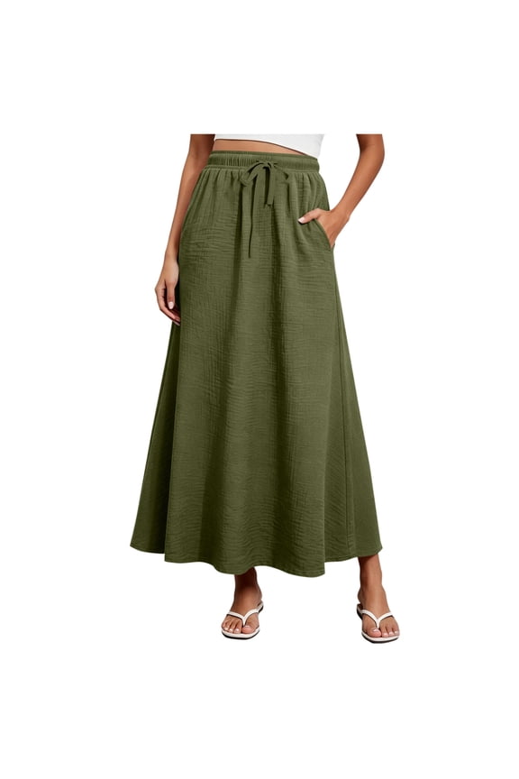 Long Skirts Cotton ,Drawstring Elastic Waist Maxi Skirt, Flowy Skirt with Pockets Army Green 2XL
