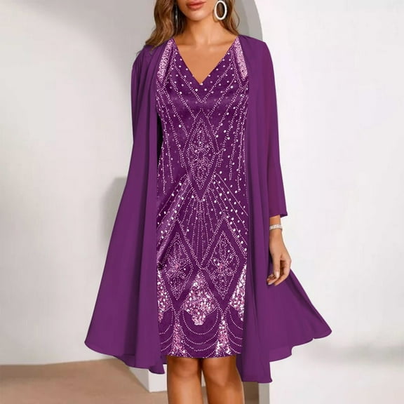BONIXOOM Spring Dresses For Women 2024 Beach Party V-Neck Tab Long Sleeve Pullover Coat Printed Purple Dresses