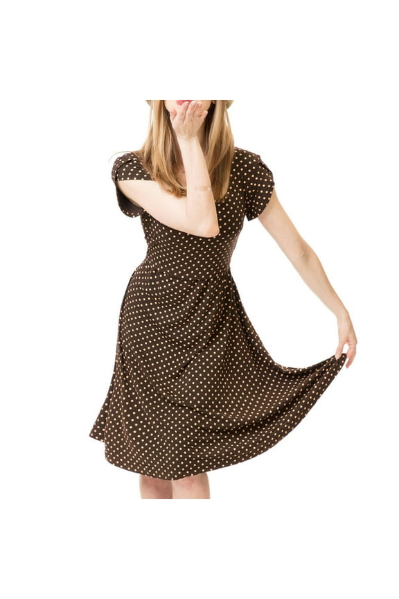 Spring Dresses For Women 2024 Multi-theme Casual Crew Neck Tab Short Sleeve Pullover Dress Polka Dot Brown Dresses