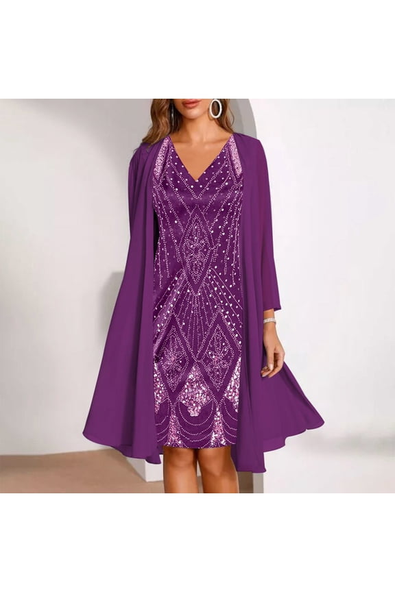 Summer Dresses For Women Beach Party V-Neck Tab Long Sleeve Pullover Coat Printed Purple Dresses