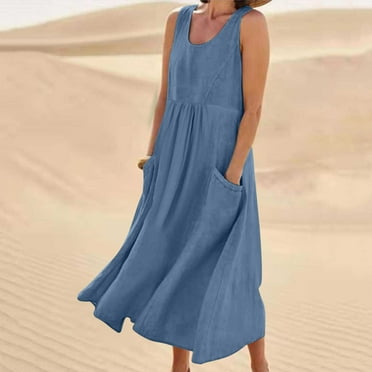 BONIXOOM Summer Dresses for Women 2024 Fashion savings Pull-On Round Neckline Mini Tent Summer Dresses Clearance Blue Size 4XL