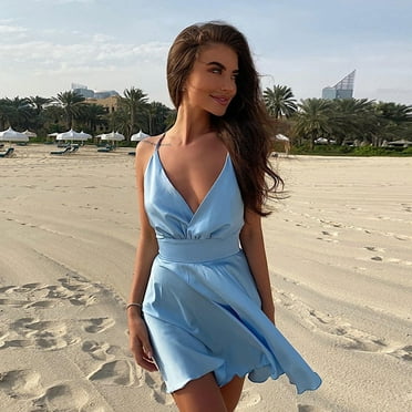 BONIXOOM Summer Dresses for Women 2024 Fashion savings Pull-On V-Neck Mini Sundress Summer Dresses Clearance Blue Size S
