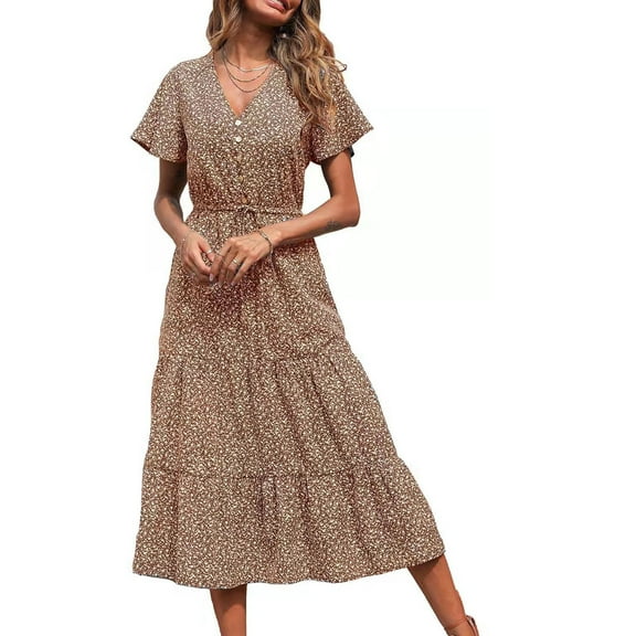 BONIXOOM Sundresses For Women Beach Casual V-Neck Tab Short Sleeve Ruffles Dress Floral Brown Dresses