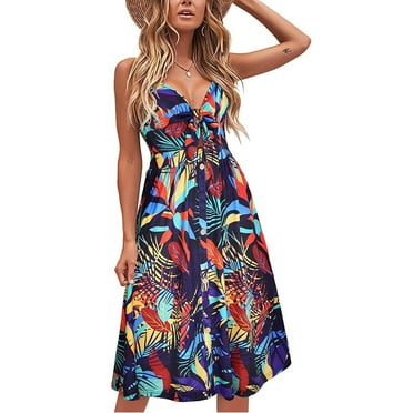 BONIXOOM Sundresses for Women 2024 Fashion savings Zipper V-Neck Mini A-Line Summer Dresses Clearance Blue Size XXL