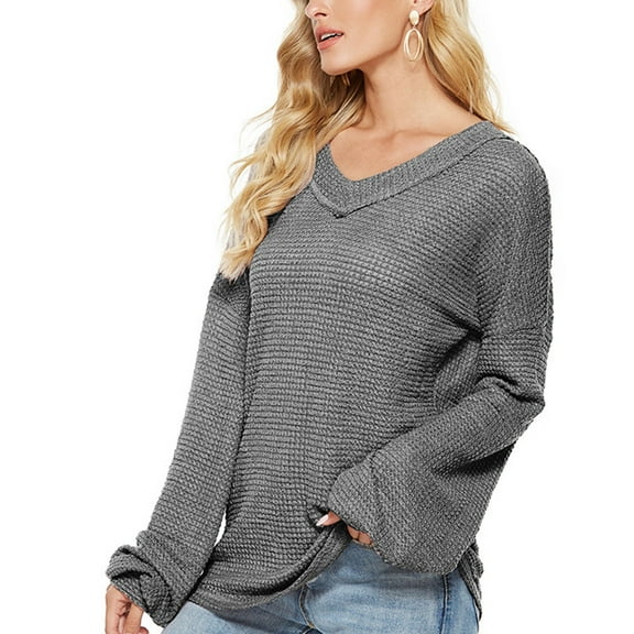 BONIXOOM Sweaters For Women Trendy Baggy Fit Sweater Pullover Vacation V-Neck Fall Sweater Gray XL(US:10)
