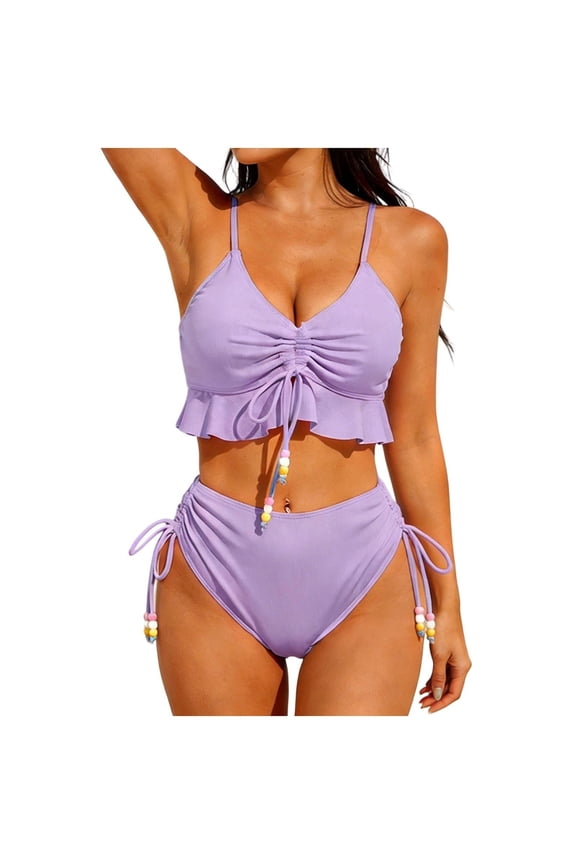 Swim Set Women, 2-Piece Bikini, Ruffled Drawstring Top with Beaded Ties & Padded Cups Purple S