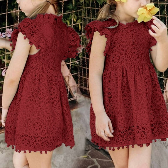 BONIXOOM Toddler Wedding Dresses Round Neck Flutter Short Sleeve Dress Princesses Flutter Printed Wine Spring Dresses size 100