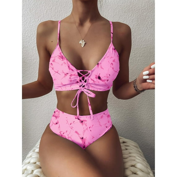 BONIXOOM Tummy Control Swimsuits For Women Underwire Elastic Printed Two-Piece Sets High Cut Summer Swimwears on Clearance Hot Pink Size 8