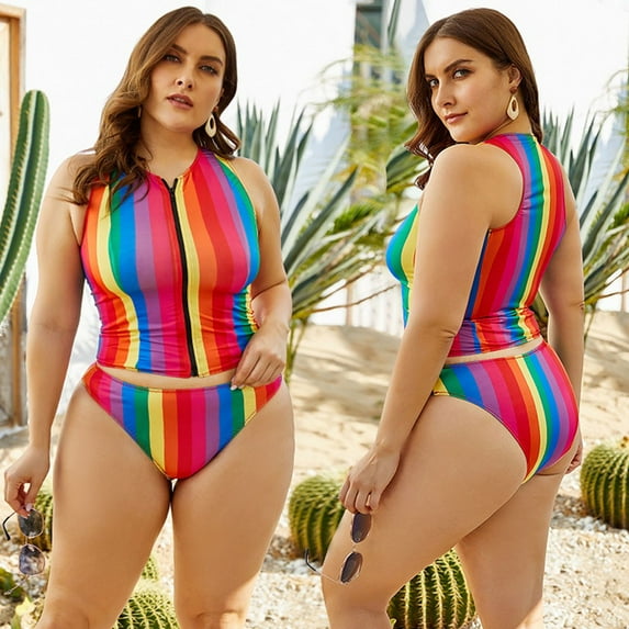 BONIXOOM Tummy Control Swimsuits For Women Underwire Elastic Striped Two-Piece Sets High Cut Summer Swimwears on Clearance Multicolor Size 12