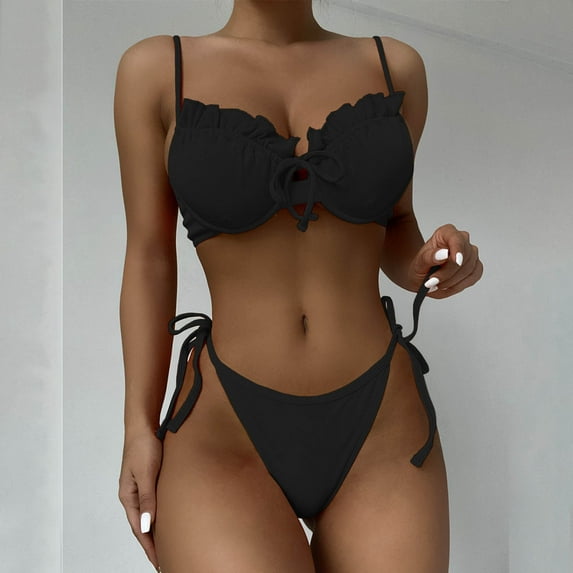 BONIXOOM Two Piece Swimsuit For Women Wire-Free None Solid Bikinis Bikini Summer Swimwears on Clearance Black Size 8