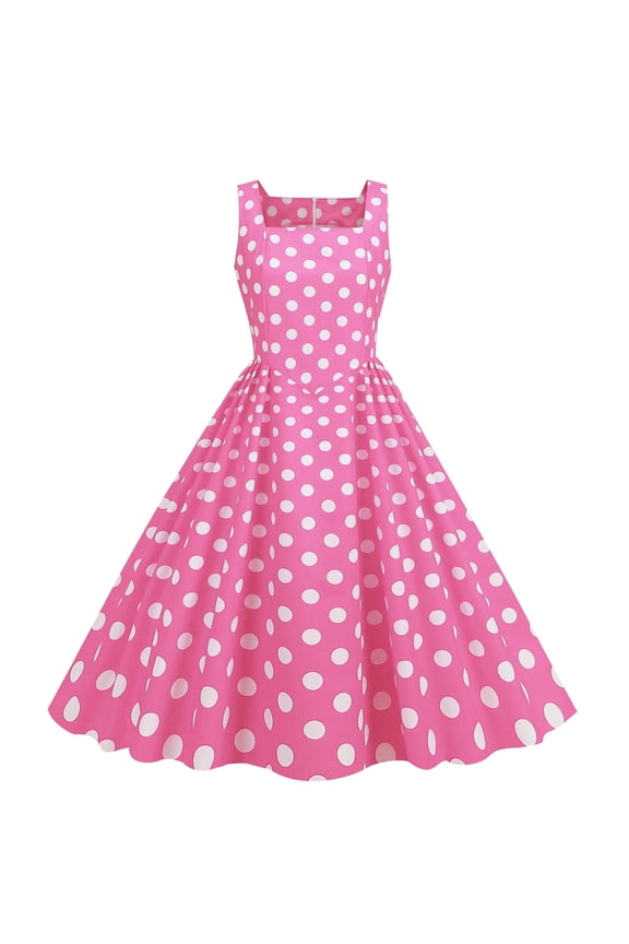 Vacation Dresses for Women Beach Party Square Neckline Tab Sleeveless Pullover Jacket Polka Dot Pink Dresses