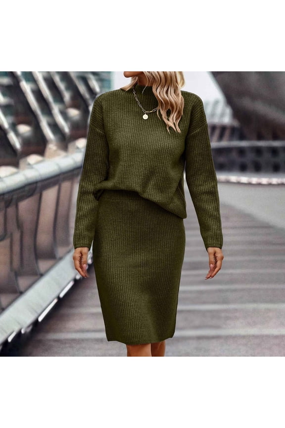 Vacation Dresses for Women Multi-theme Party Round Neckline Tab Long Sleeve Pullover Sweater Floral Army Green Dresses