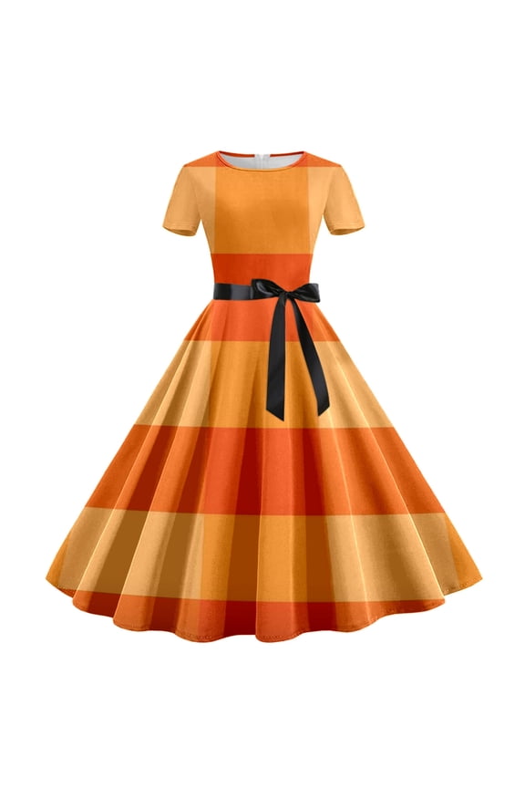 Vacation Dresses for Women Retro Party Crew Neck Tab Sleeveless Lace Dress Printed Orange Dresses