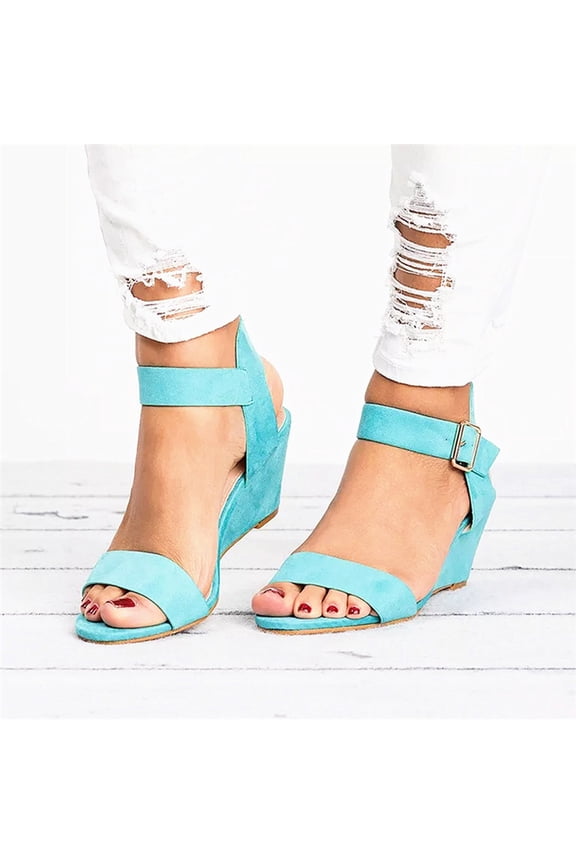 Wedge Sandals for Women Clearance Fall Buckle Wedge Casual Fashion Womens Shoes Sky Blue Size 7
