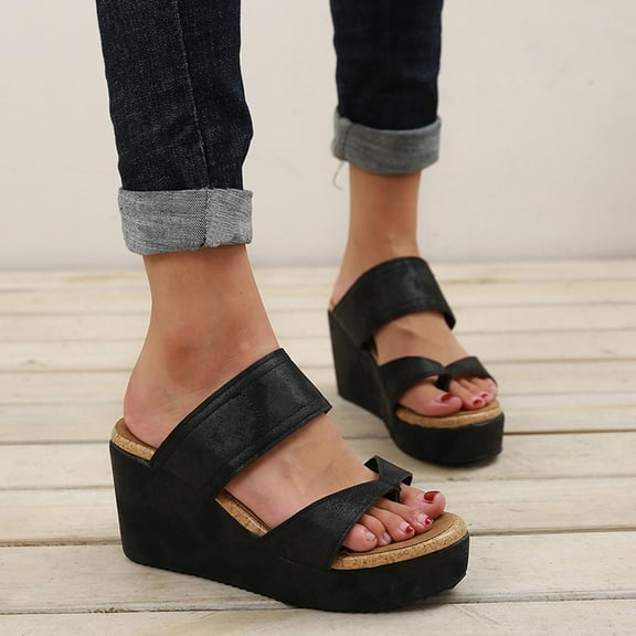 BONIXOOM Wedge Sandals for Women Clearance Fall Slip-On Wedge Casual Fashion Womens Shoes Black Size 9