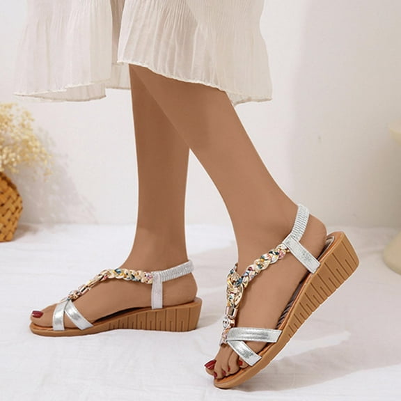 BONIXOOM Wedge Sandals for Women Clearance Fall Slip-On Wedge Casual Fashion Womens Shoes Silver Size 7.5