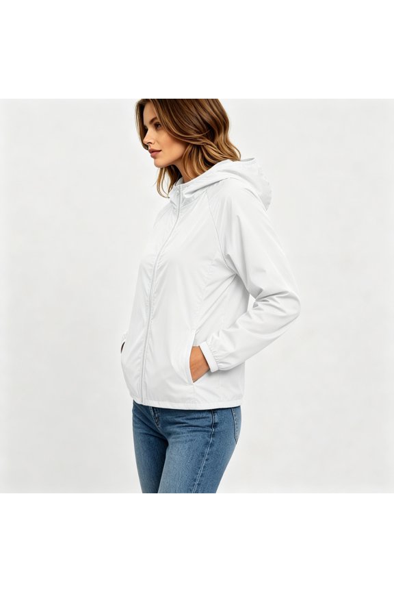 White Jacket Women, Hooded Zip Light Outerwear Simple Loose Fit with Hand Pockets S-4XL