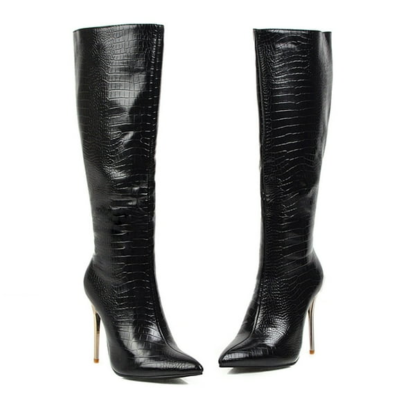 BONIXOOM Winter Boots For Women High Heel Rubber Slip-On Knee High Winter Black