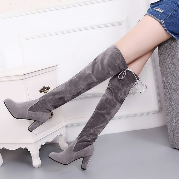 BONIXOOM Winter Boots For Women High Heel Rubber Slip-On Knee-High Winter Gray