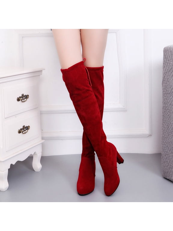 Winter Boots For Women High Heel Rubber Slip-On Knee-High Winter Wine