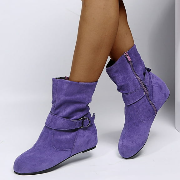 BONIXOOM Winter Boots For Women Low Heel Flock Buckle Over-the-Knee Winter Purple