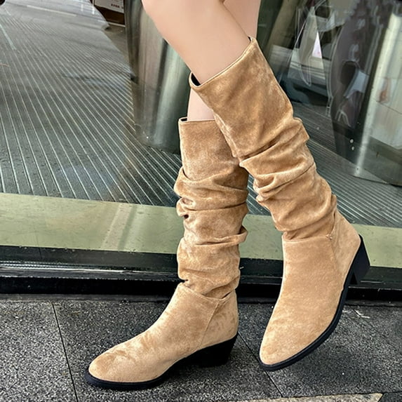 BONIXOOM Winter Boots For Women Low Heel Flock Zip-Up Mid-Calf Winter Khaki