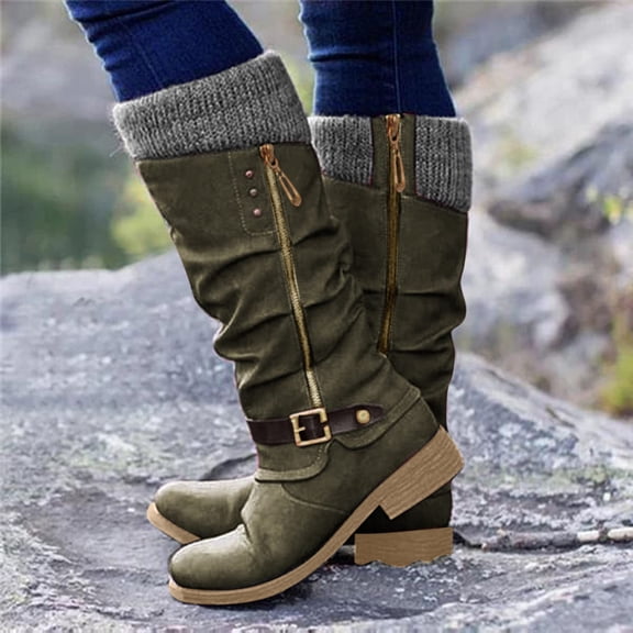 BONIXOOM Winter Boots For Women,Low Heel,Mid-Calf,Rubber,Leisure and Fashion,Daily Outfit,Green,35 (US:4.5)