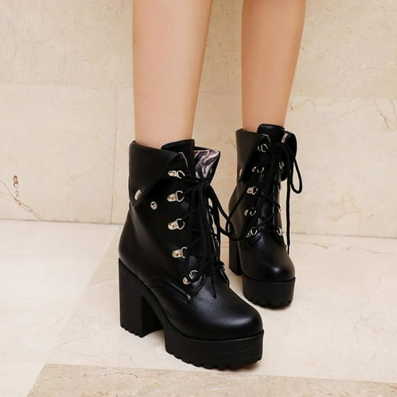 BONIXOOM Winter Boots For Women Mid Heel Rubber Lace-Up Mid-Calf Winter Black