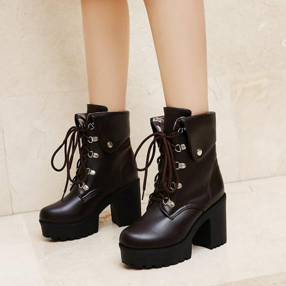 BONIXOOM Winter Boots For Women Mid Heel Rubber Lace-Up Mid-Calf Winter Brown