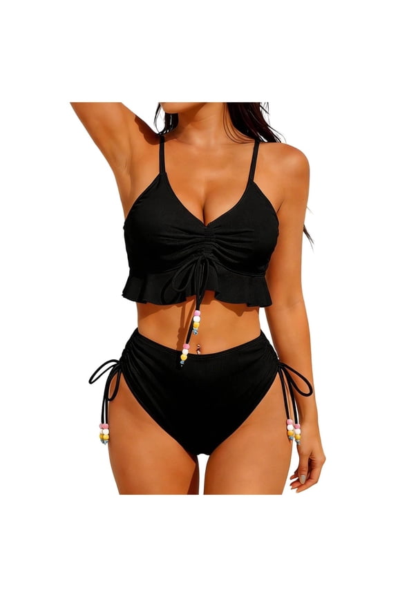 Women Swimsuit, 2-Piece Bikini, Ruffled Drawstring Top with Beaded Ties & Padded Cups Black S