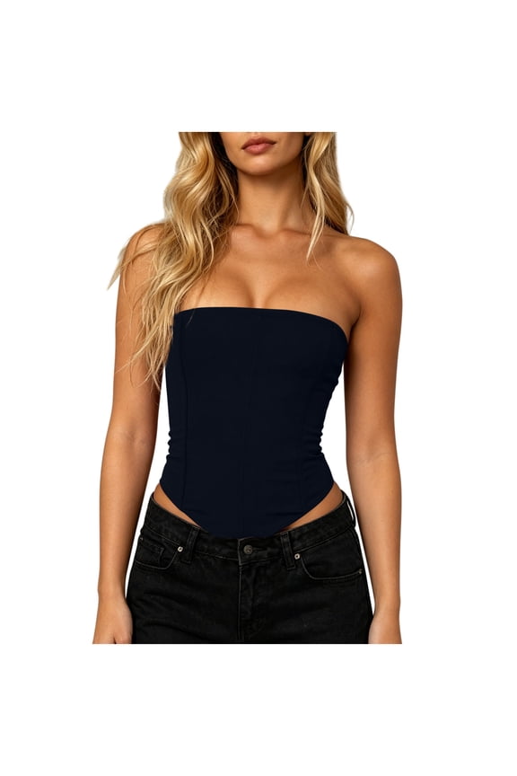 Women's Black Bandeau Top, form-Fitting Corset Top, Solid Tube Top with Asymmetric Hem S-XL