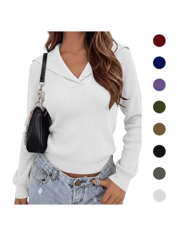 Women's Comfortable Sweatshirts Sailor Collar V-Neck Ribbed Knit Long Sleeve Fitted Pullover Fall Casual Soft Top