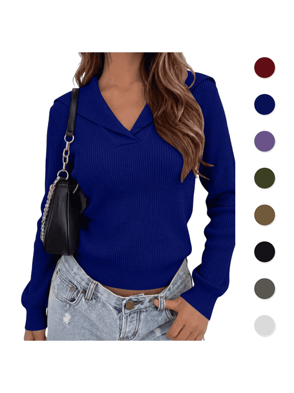Women's Comfortable Sweatshirts Sailor Collar V-Neck Ribbed Knit Long Sleeve Fitted Pullover Fall Casual Soft Top
