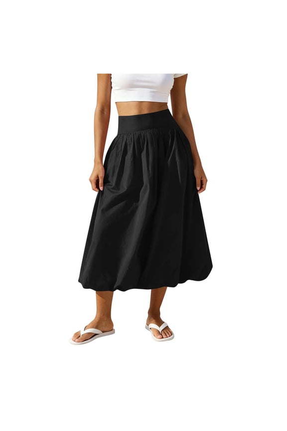 Women’s Long Skirts ,Elastic Waist Balloon Midi Skirt,A Line Casual Bubble Skirt for Women Black M