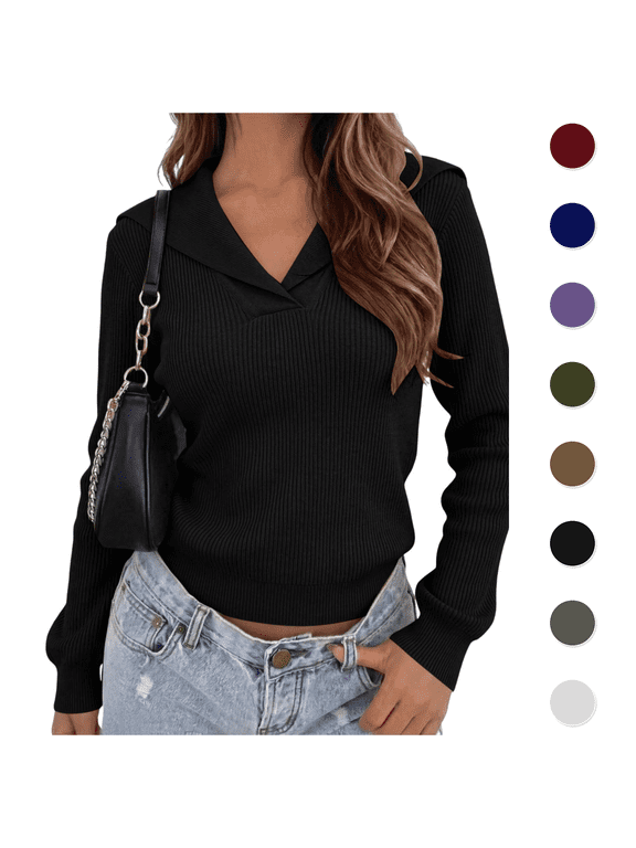 Women's Sweatshirts Sailor Collar V-Neck Ribbed Knit Long Sleeve Fitted Pullover Comfortable Fall Casual Soft Top