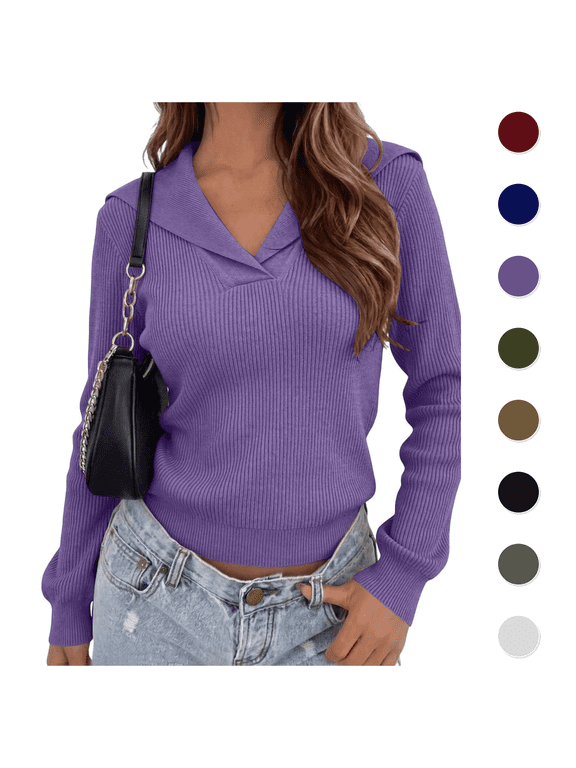 Women's Sweatshirts Sailor Collar V-Neck Ribbed Knit Long Sleeve Fitted Pullover Comfortable Fall Casual Soft Top