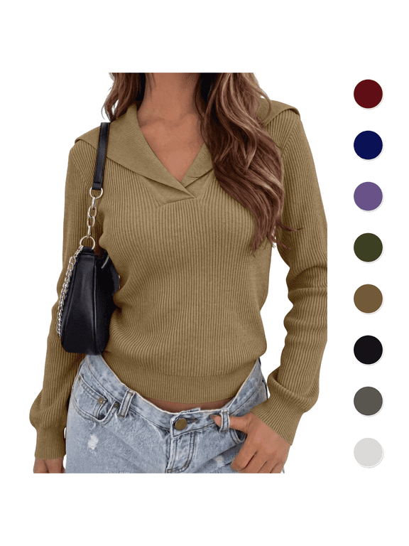 Women's Sweatshirts Sailor Collar V-Neck Ribbed Knit Long Sleeve Fitted Pullover Comfortable Fall Casual Soft Top
