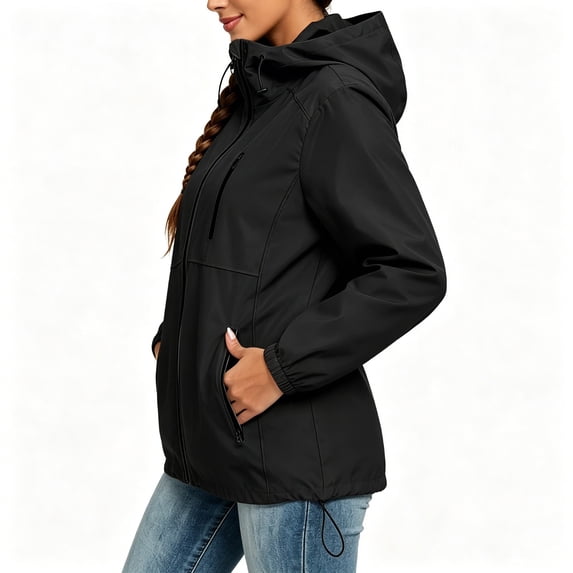 BONIXOOM Women's Windbreaker, Color Block Hooded Zip Jacket with Zipper Pockets Drawstring Hem Black S-2XL