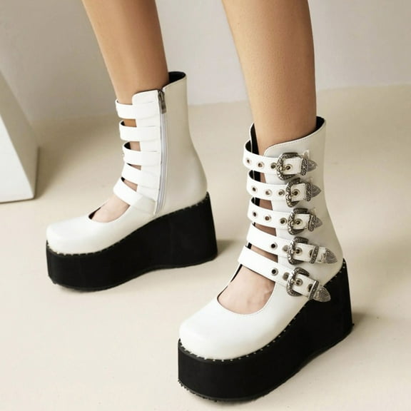 BONIXOOM Womens Boots High Heel Rubber Buckle Mid-Calf Winter White